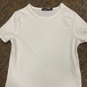 Boohoo white ribbed T shirt.
